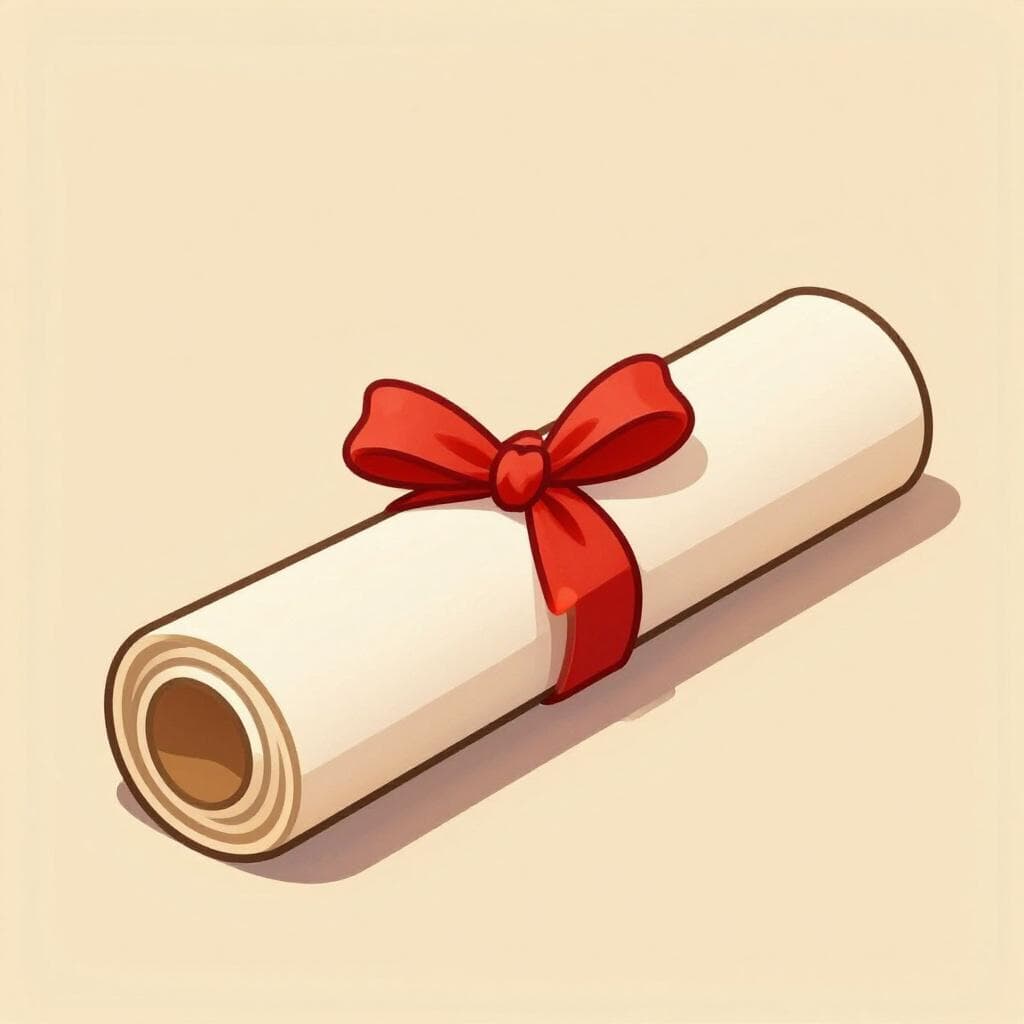 Een opgerolde perkamentrol gebonden met een rood zijden lint.
