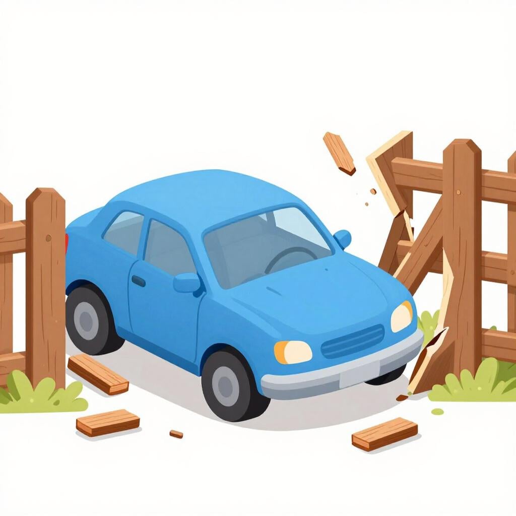 A small blue car that has bumped into a wooden fence, showing a slight dent.
