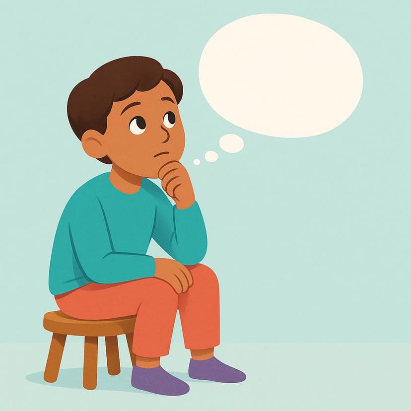 A young person sits quietly, resting their chin on their hand, deep in contemplation. A simple white thought bubble hovers above their head.