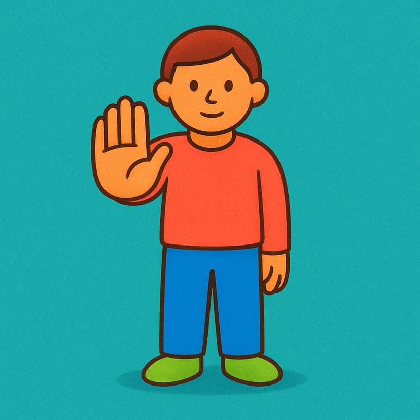 A simple illustration of a person standing still and holding one hand straight out with the palm facing forward, signaling the universal command to halt or stop movement.