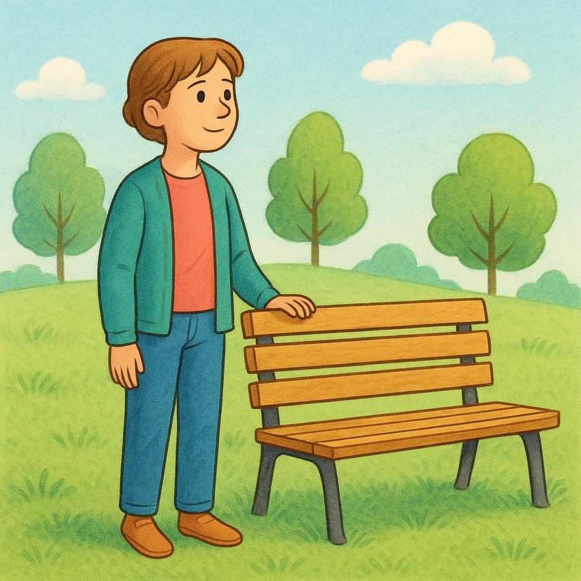 A simple storybook illustration of a friendly young person standing patiently beside a brightly colored park bench, looking into the distance with an expectant expression.