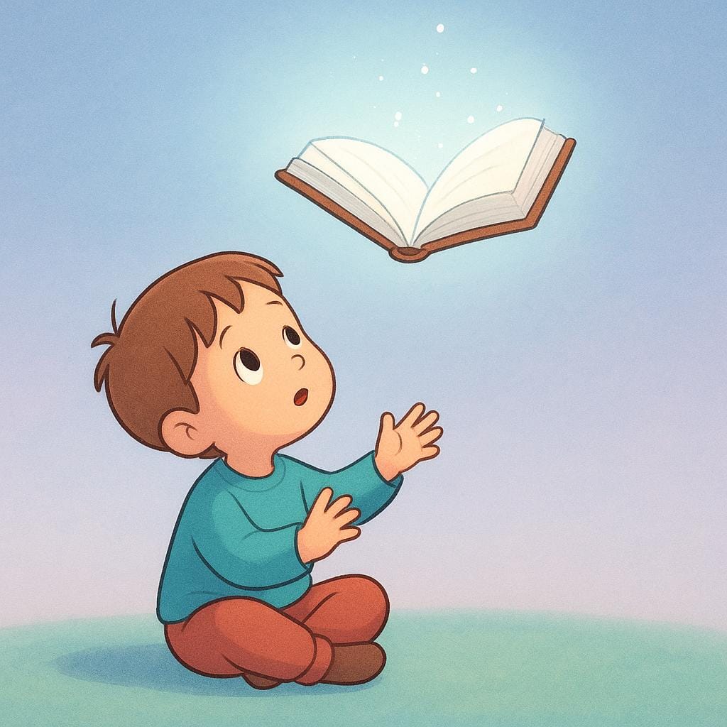 A storybook illustration of a small child sitting on the ground, looking up wistfully at a brightly glowing, open book floating just out of reach, symbolizing knowledge they wish they had.