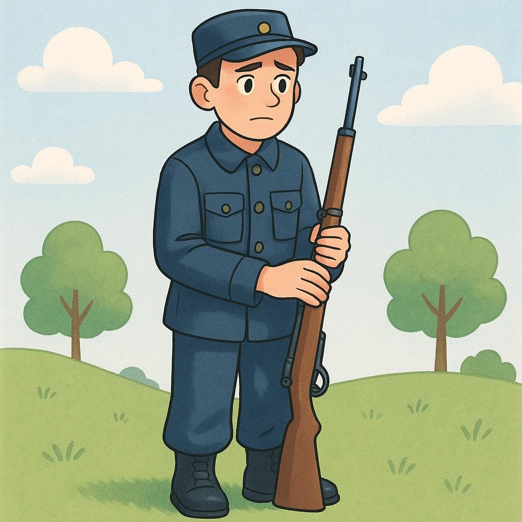 Un giovane uomo in piedi goffamente in un'uniforme militare rigida e leggermente troppo grande, che rappresenta una nuova recluta.