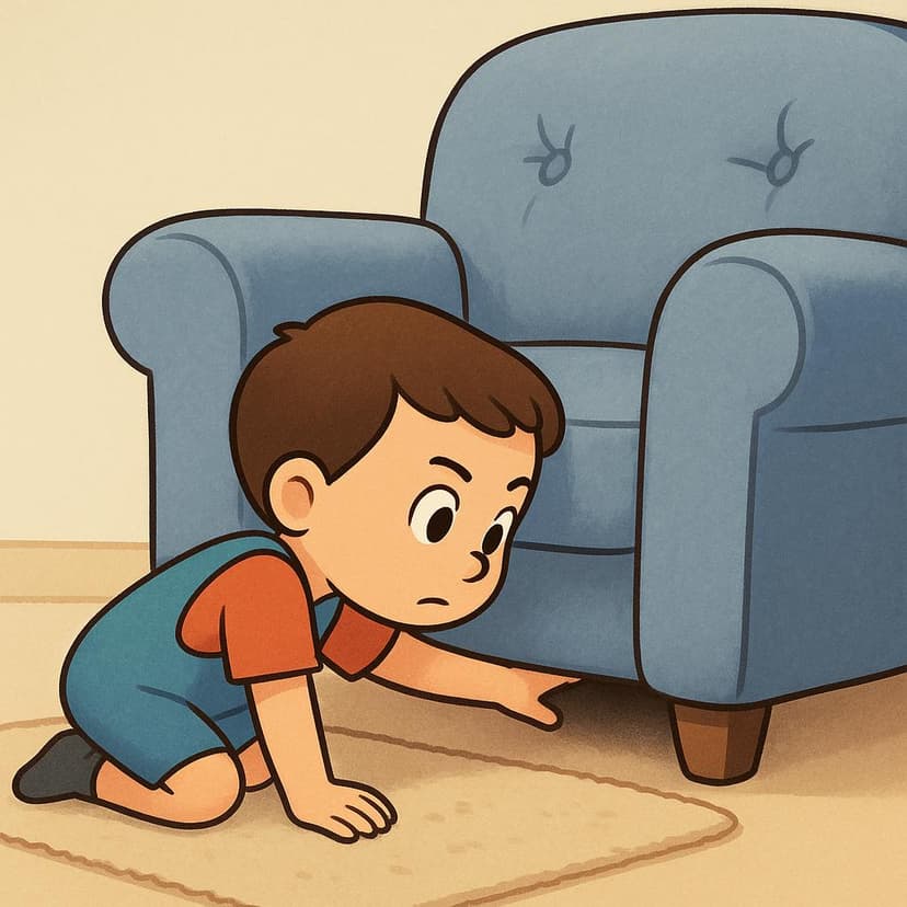 A high-quality storybook illustration showing a small child character kneeling on the floor, intently peering into a dark space under a large wooden armchair, actively searching for a lost object.