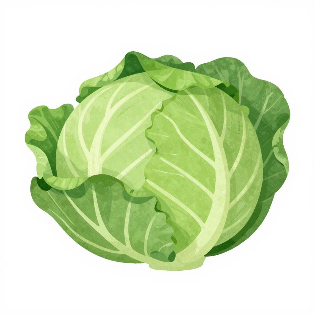 A whole, fresh green cabbage with layered leaves sitting on a wooden surface.
