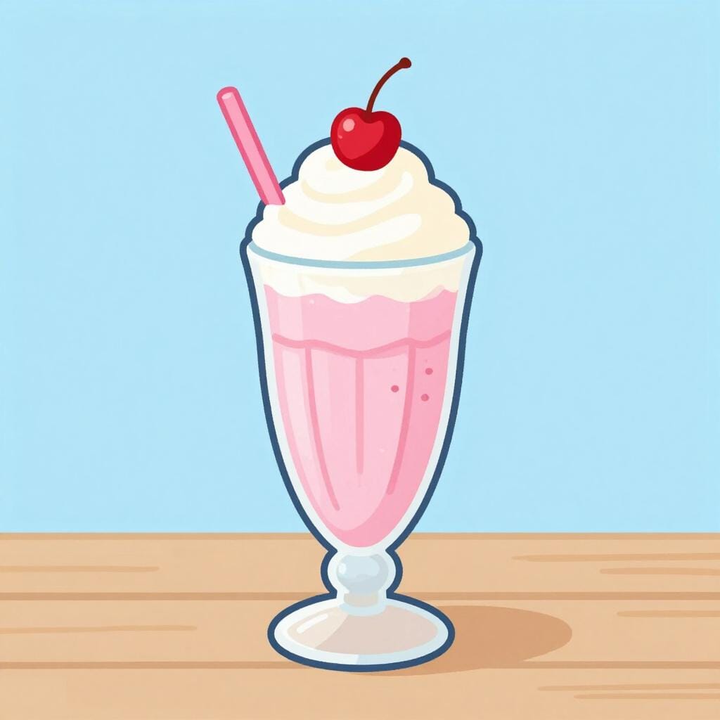 Ein hohes Glas gefüllt mit einem pinken Erdbeer-Milchshake, garniert mit einem Klecks Schlagsahne und einer einzelnen roten Kirsche.