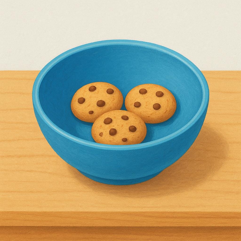 Uma visão de cima para baixo de uma tigela azul colorida contendo apenas três biscoitos pequenos, sugerindo que o resto foi comido e essa pequena quantidade permanece.