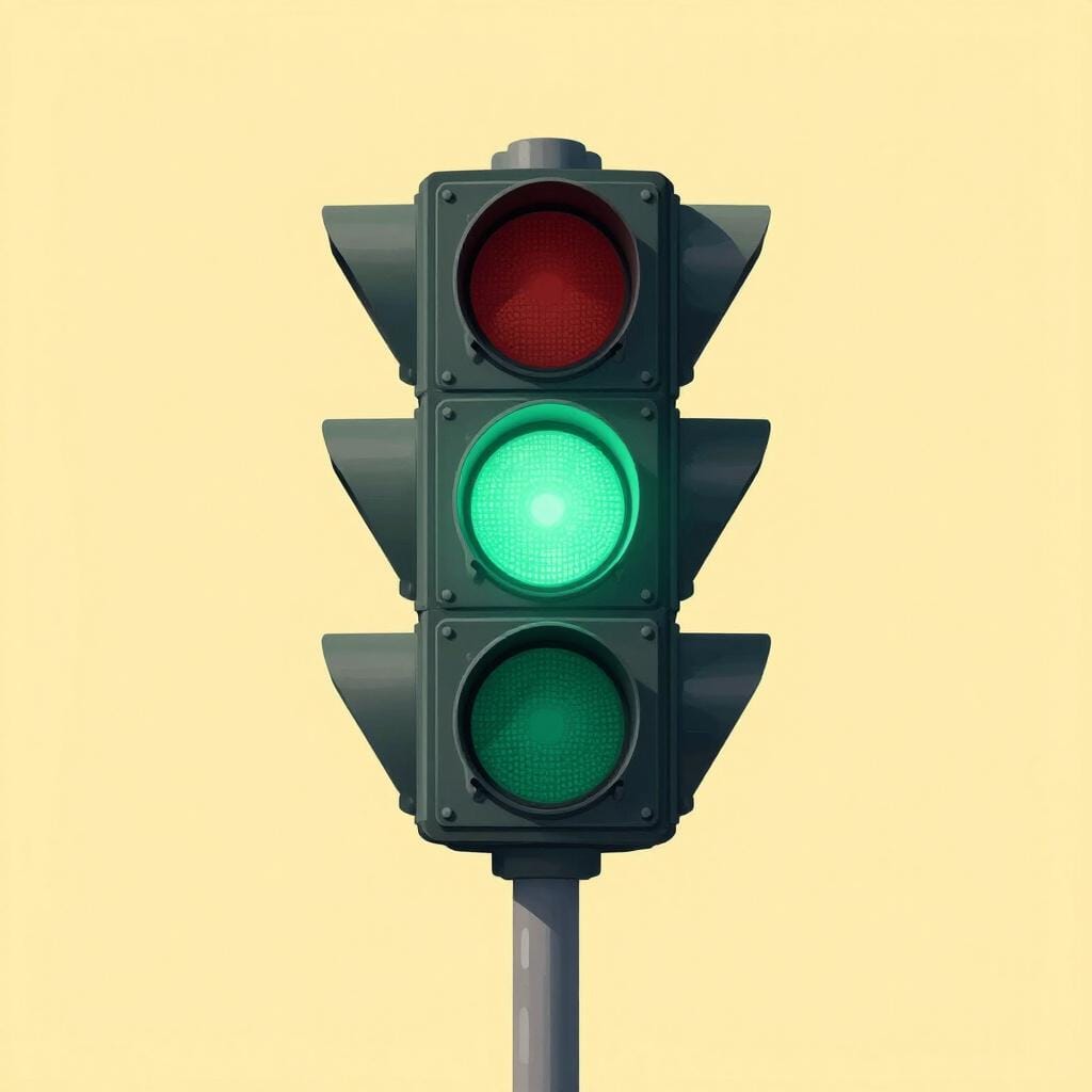 A bright green traffic light glowing on a simple pole.