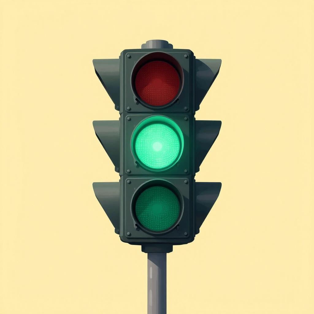 A bright green traffic light glowing on a simple pole.