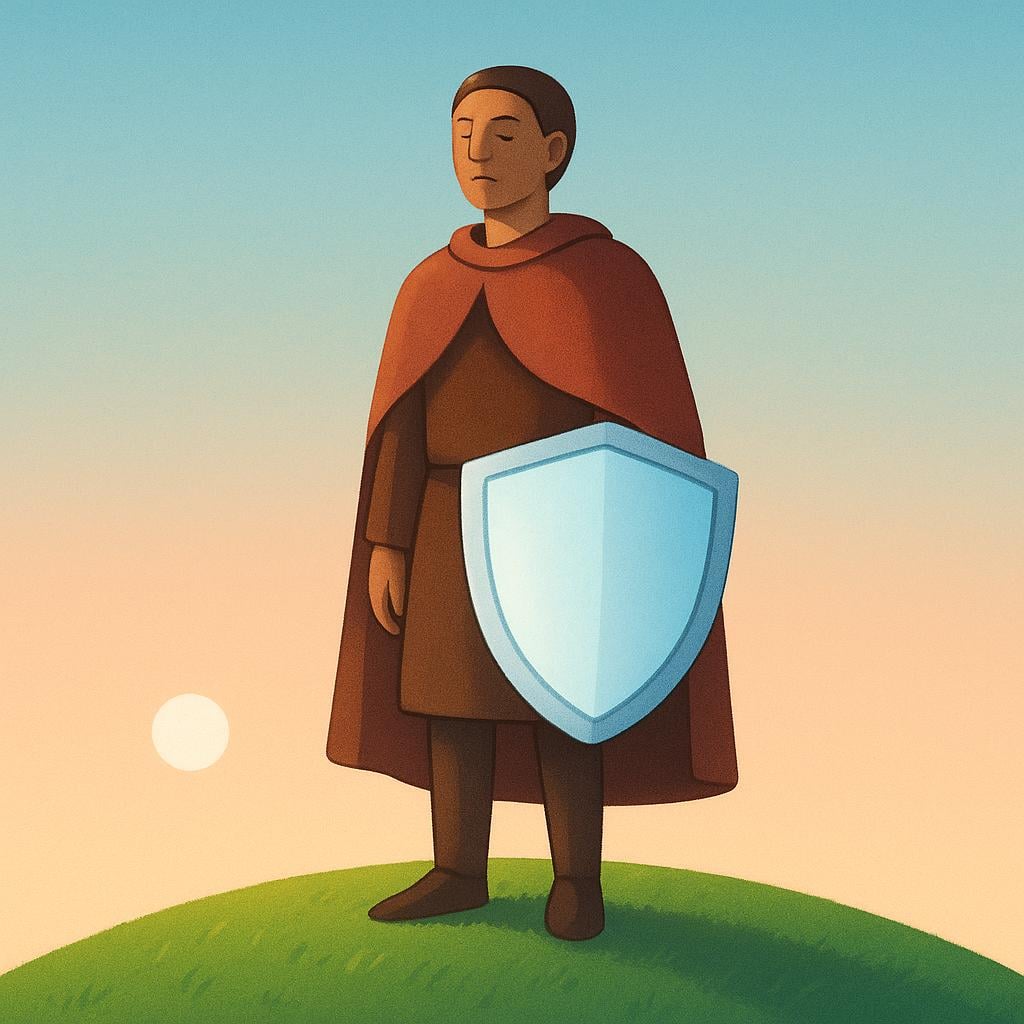 A solemn person standing on a grassy hill at sunrise, holding a clean, illuminated shield, symbolizing integrity and honor.
