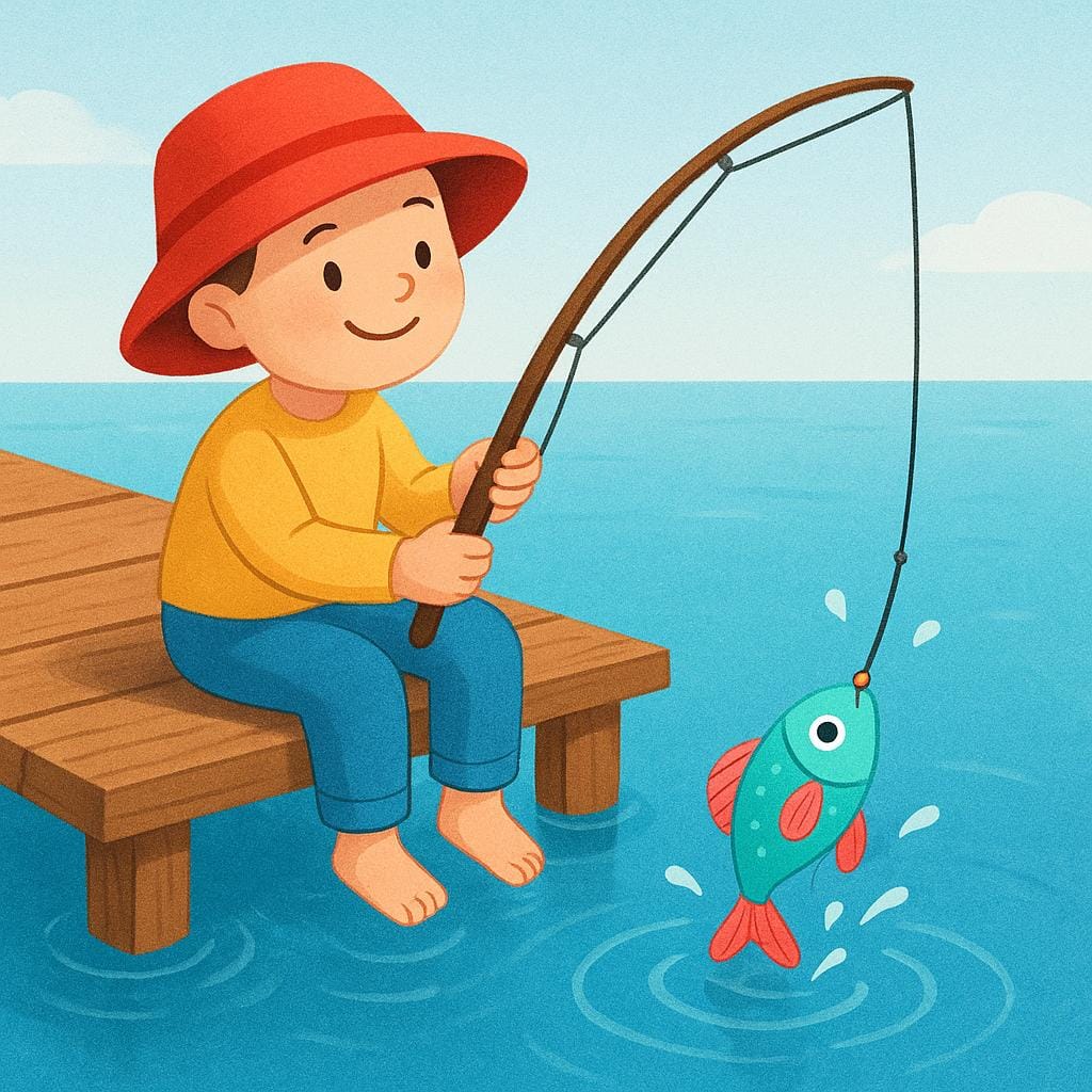 Una persona seduta accanto a uno stagno, che tiene una canna da pesca, con un piccolo pesce all'amo, che illustra l'atto della pesca.