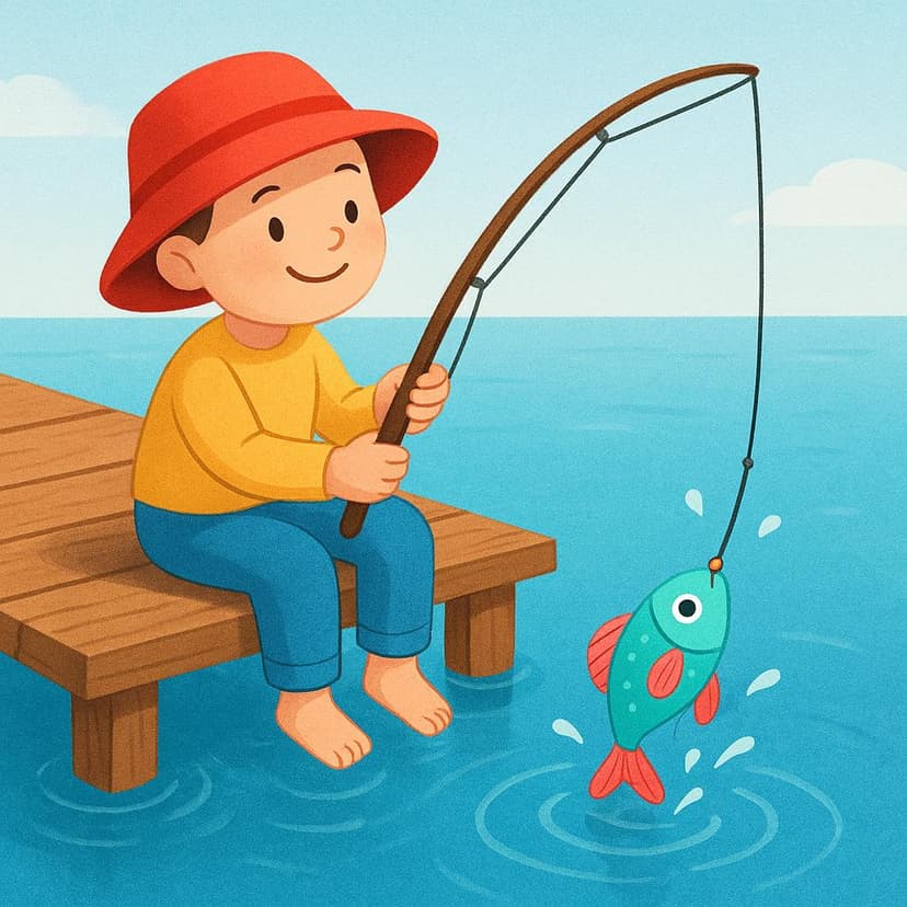 A person sitting by a pond, holding a fishing rod, with a small fish hooked on the line, illustrating the act of fishing.