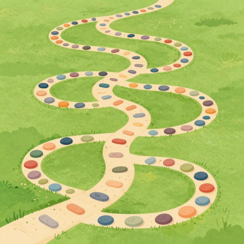 A colorful storybook illustration of a spiral made of many different sized colorful stones that never forms a perfect circle.