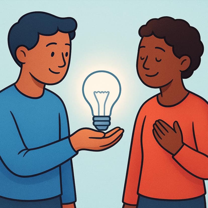 A colorful illustration showing one character gently presenting a glowing lightbulb, symbolizing an idea, to another character who is listening attentively.