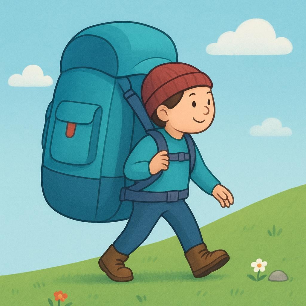 A small figure calmly carries a very large backpack up a gentle hill, illustrating resilience and enduring a burden.