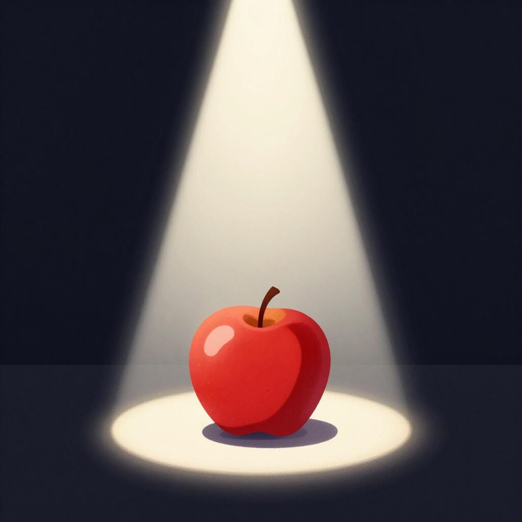 A bright red apple sitting alone on a dark table, perfectly illuminated by a single, sharp spotlight, highlighting its clear visibility.