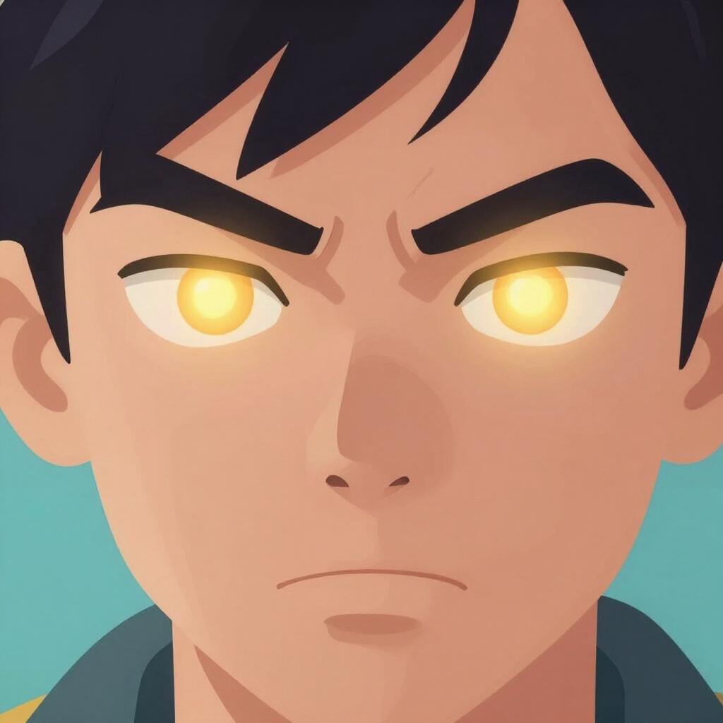 A stylized character with a very determined expression and bright glowing eyes.