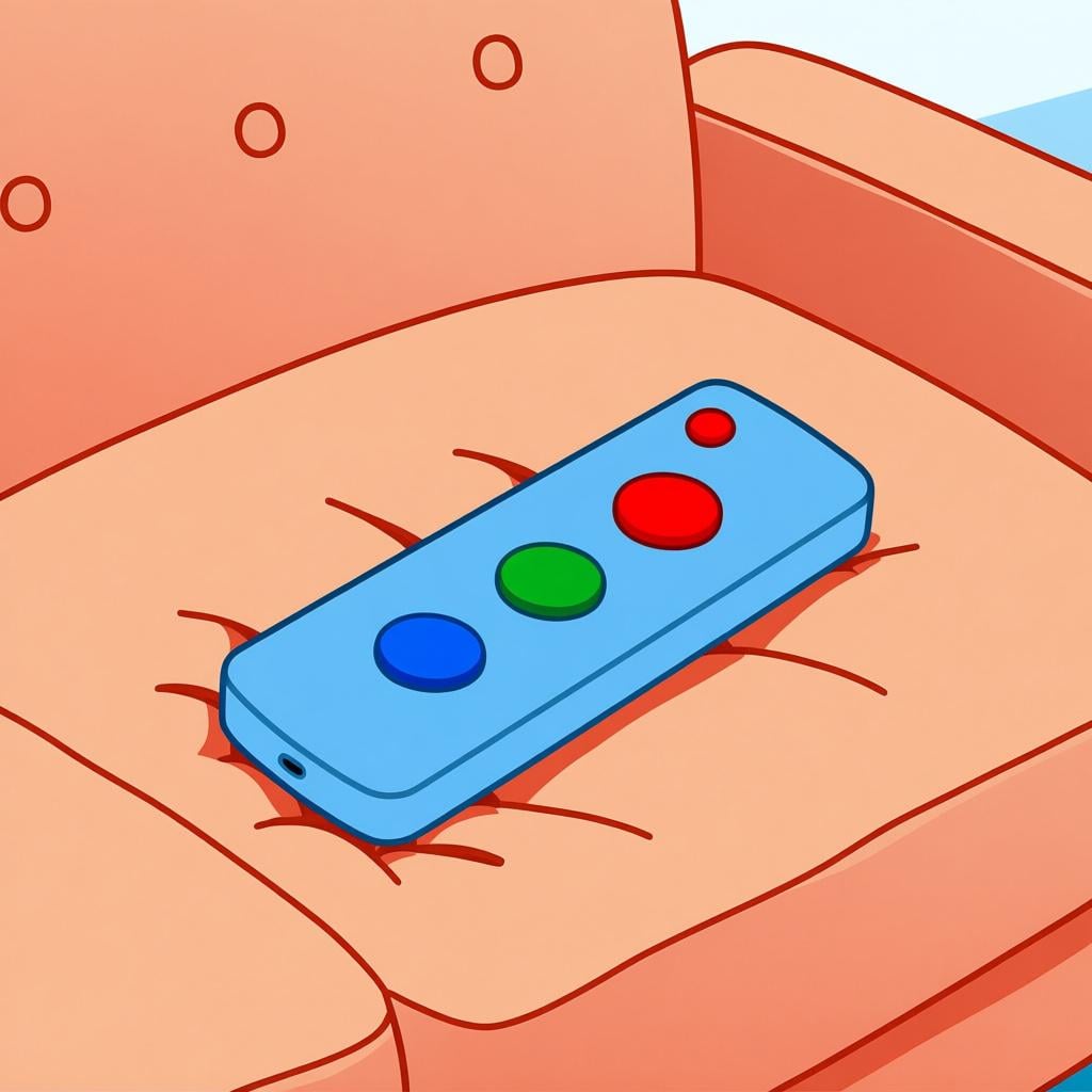 A simple, gray, rectangular remote control device with three large, colorful buttons resting on a plush sofa cushion.