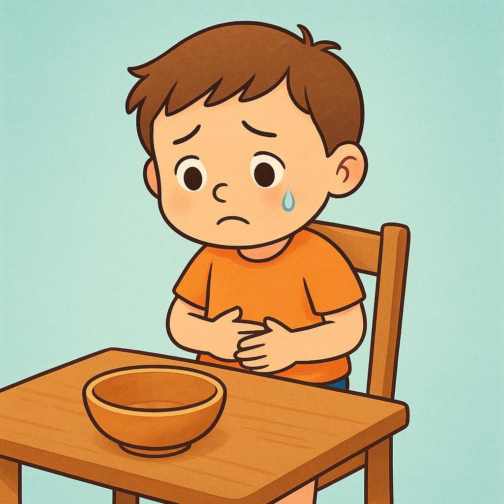 A small, sad cartoon child sitting at a simple wooden table, looking down at an empty bowl and clutching their rumbling stomach, symbolizing physical hunger.