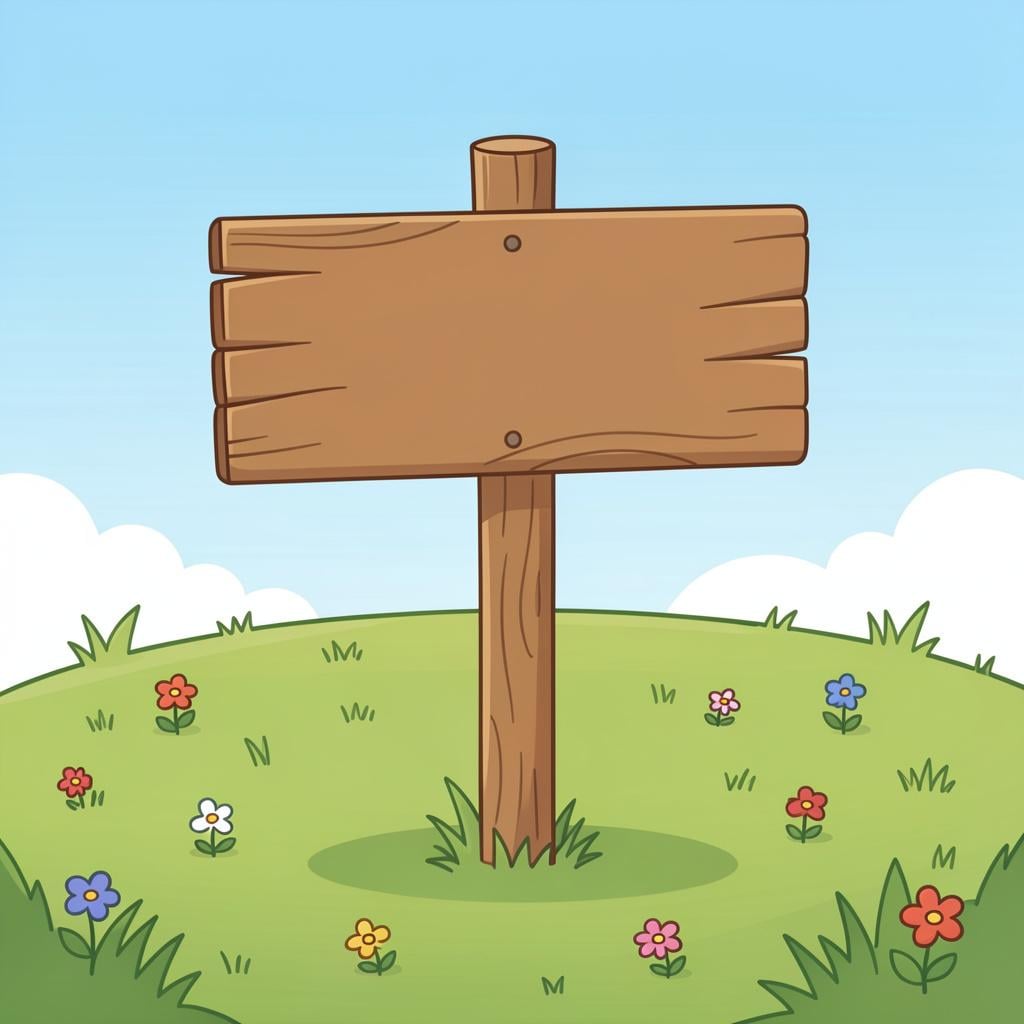 A close-up of a wooden signpost in a lush green meadow.