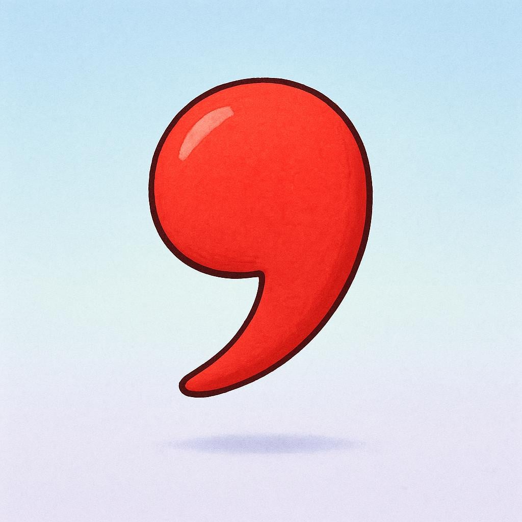 A large, stylized red comma punctuation mark isolated on a white background.