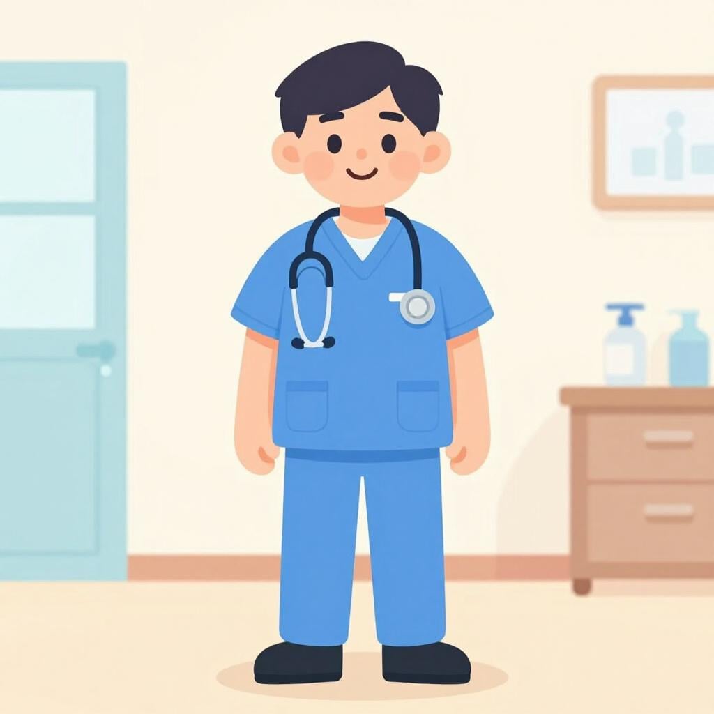 首に聴診器をかけた、青いスクラブを着た親しみやすい男性看護師。