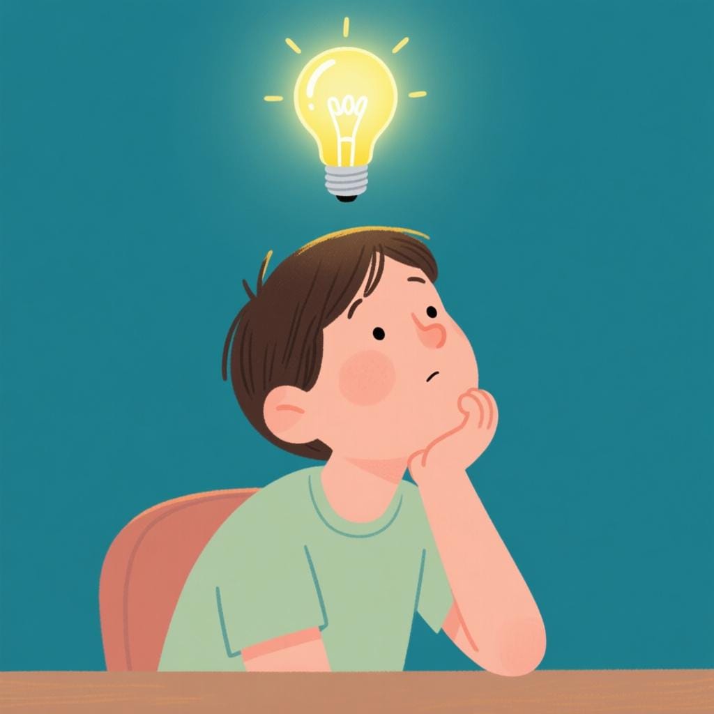 Een persoon die rustig zit, kin rustend op de hand, met een gloeiende gloeilamp boven het hoofd, wat een idee of diepe gedachte symboliseert.