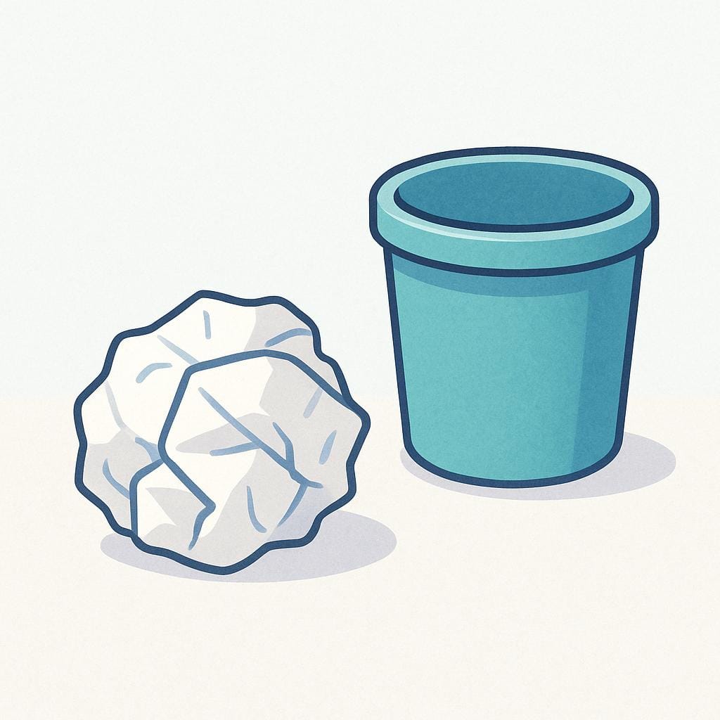 Een vel papier is tot een strakke bal gekreukeld en ligt op de vloer bij een kleine, lege prullenbak, wat mislukking symboliseert.