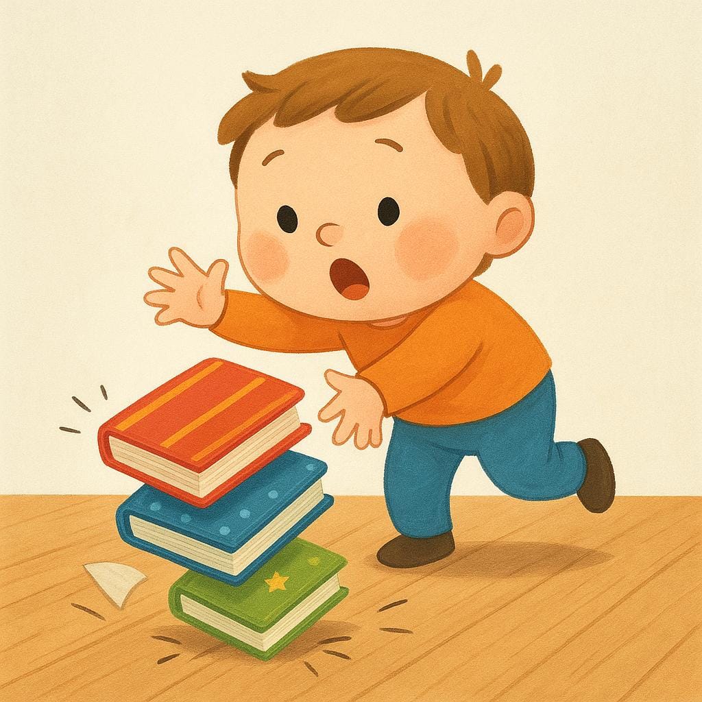 A storybook illustration of a child looking surprised as they accidentally drop a small stack of colorful books onto the floor, depicting physical awkwardness.