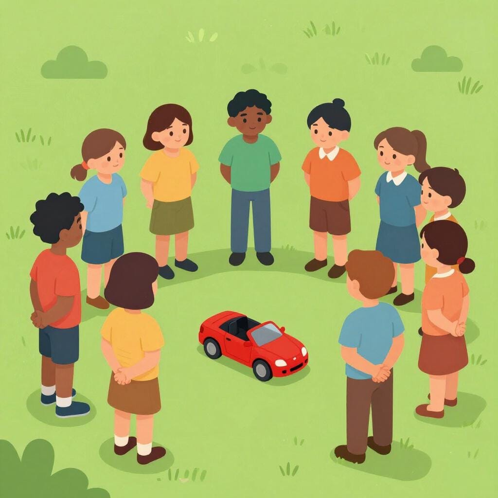 A colorful storybook illustration of a group of people standing back from a small, bright red toy car on the ground, leaving it alone.