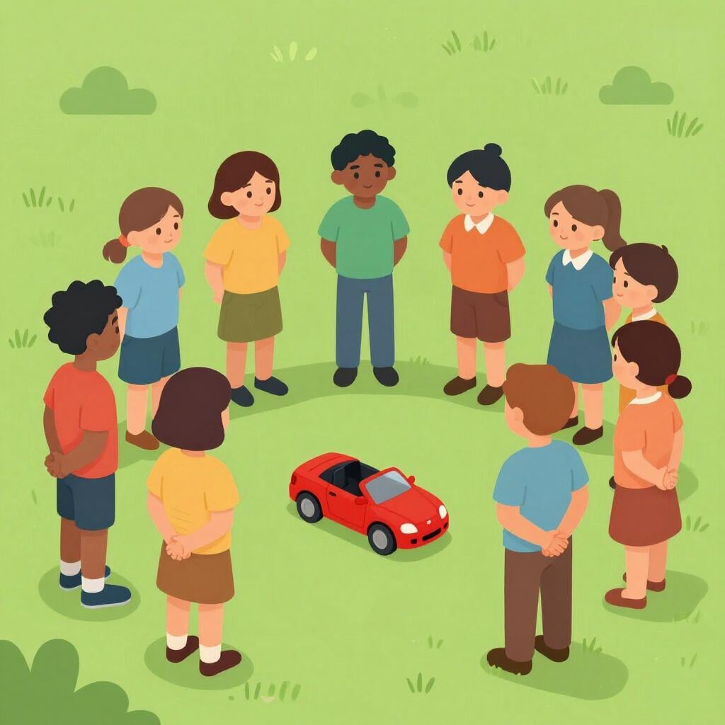 A colorful storybook illustration of a group of people standing back from a small, bright red toy car on the ground, leaving it alone.