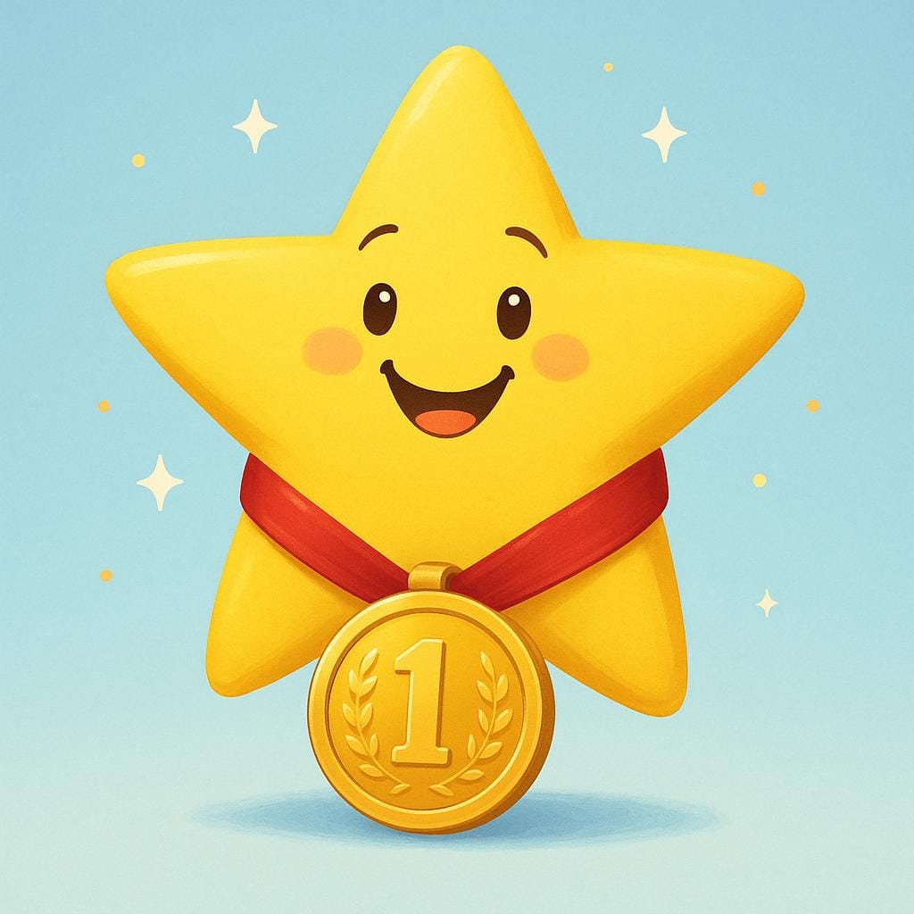 Uma estrela amarela alegre brilhando intensamente enquanto usa com orgulho uma medalha de ouro grande demais.