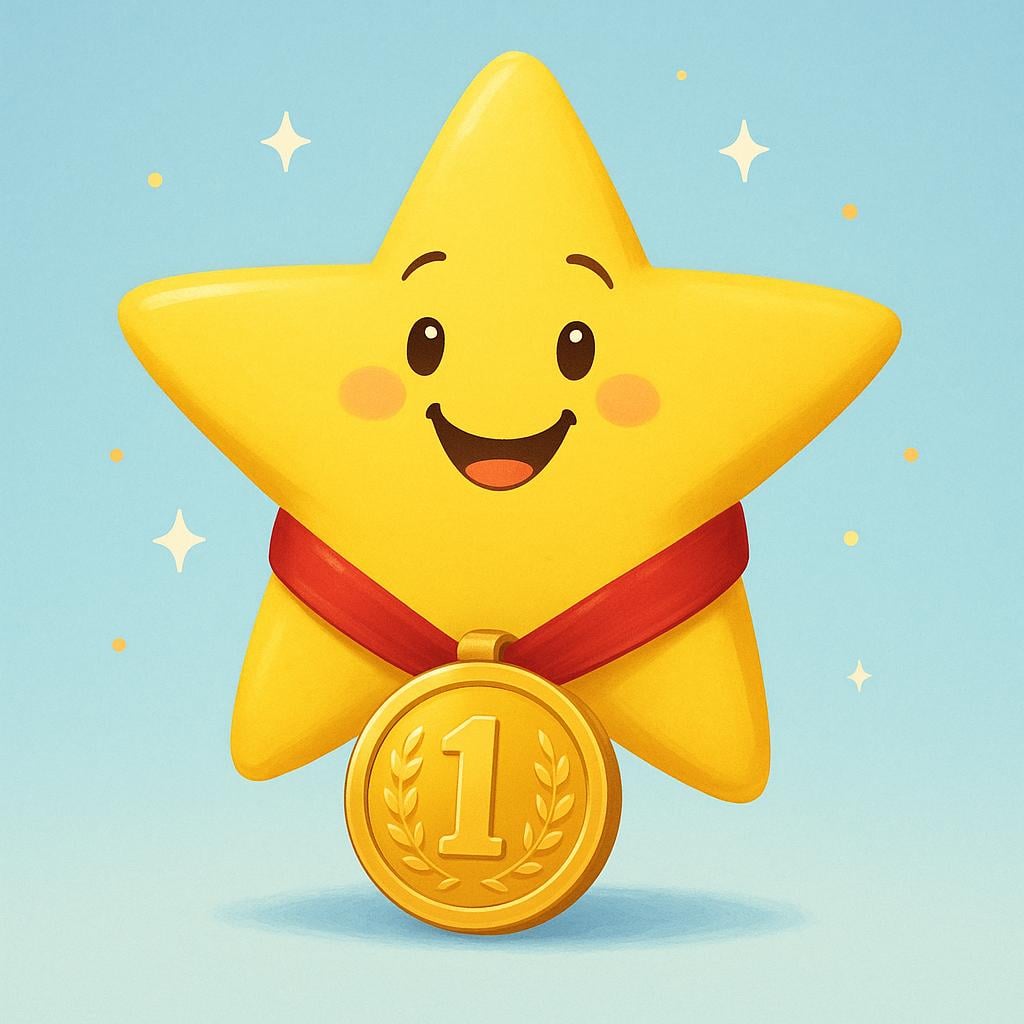 A cheerful yellow star beaming brightly while proudly wearing an oversized gold medal.