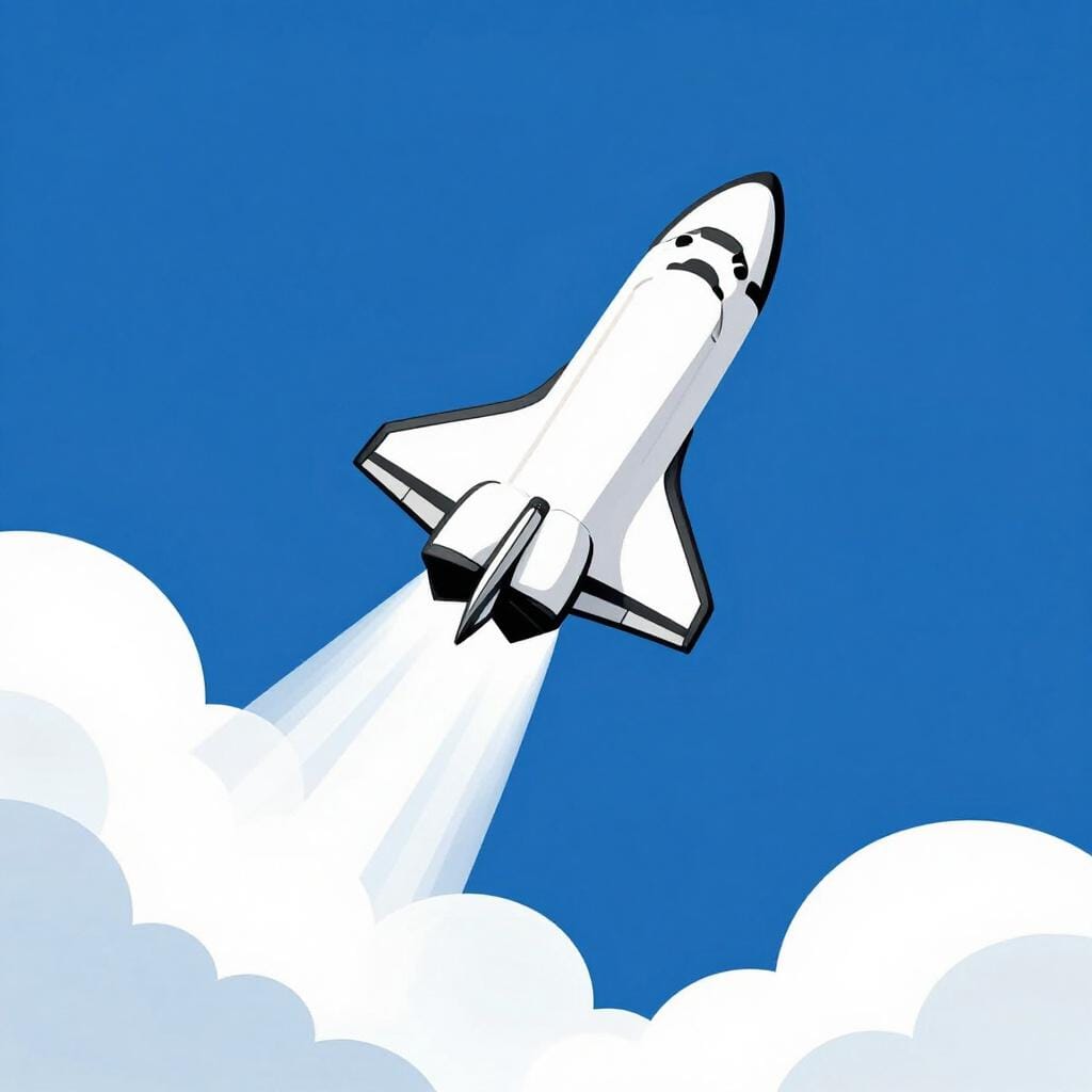 A white spacecraft with black wings launching into a dark blue sky with a trail of smoke.