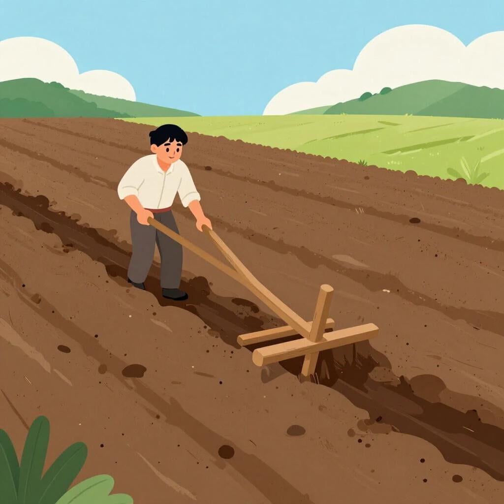 A wooden plow being pulled through dark soil in a bright green field.