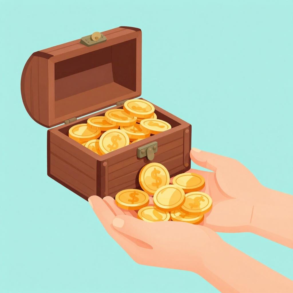 A person pouring a large amount of gold coins into another person's open hands.