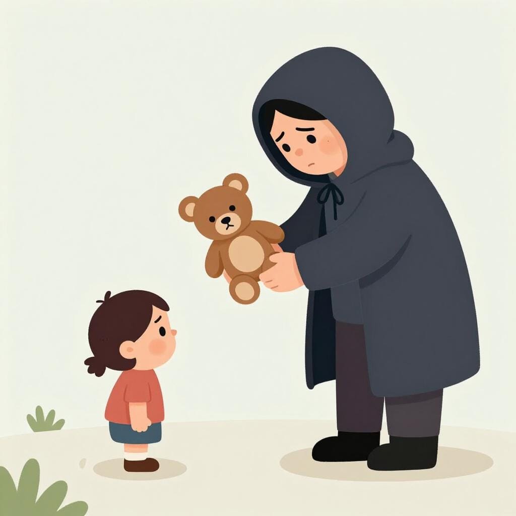 A shadowy figure in a dark cloak stealing a small toy from a crying child's hand.