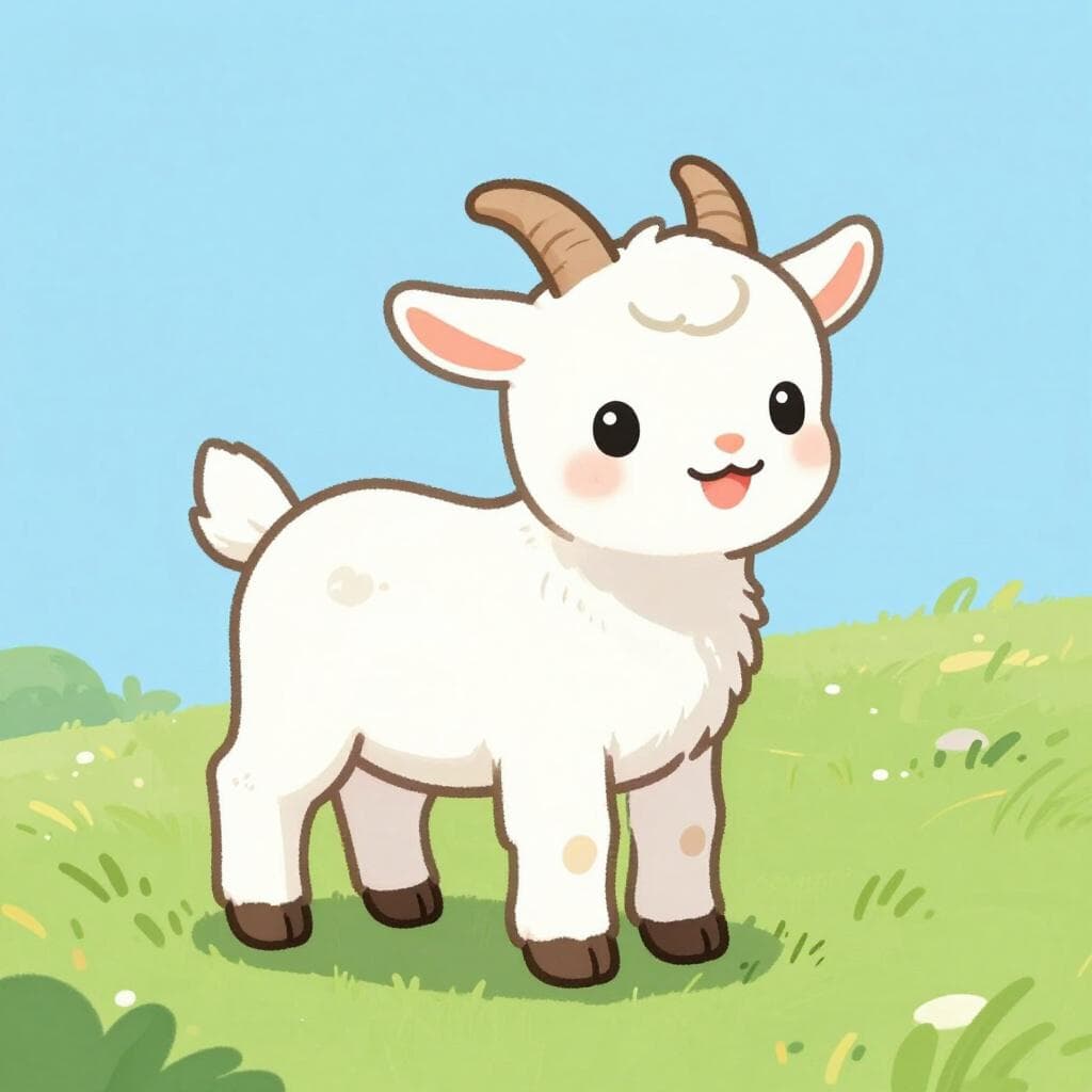 Un jeune bouc blanc et duveteux se tient dans une prairie verte.