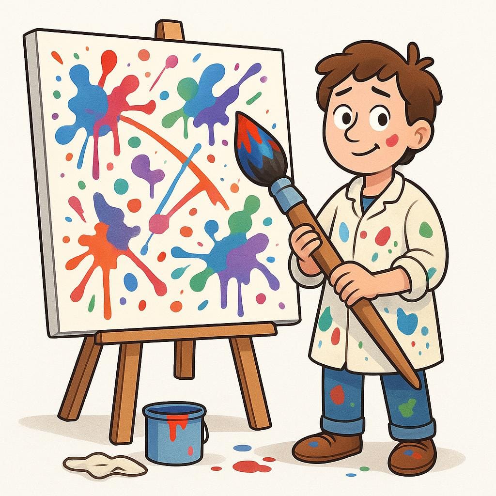 A person holding a large paintbrush stands in front of an easel, looking clumsy as they accidentally splatter paint onto the canvas.