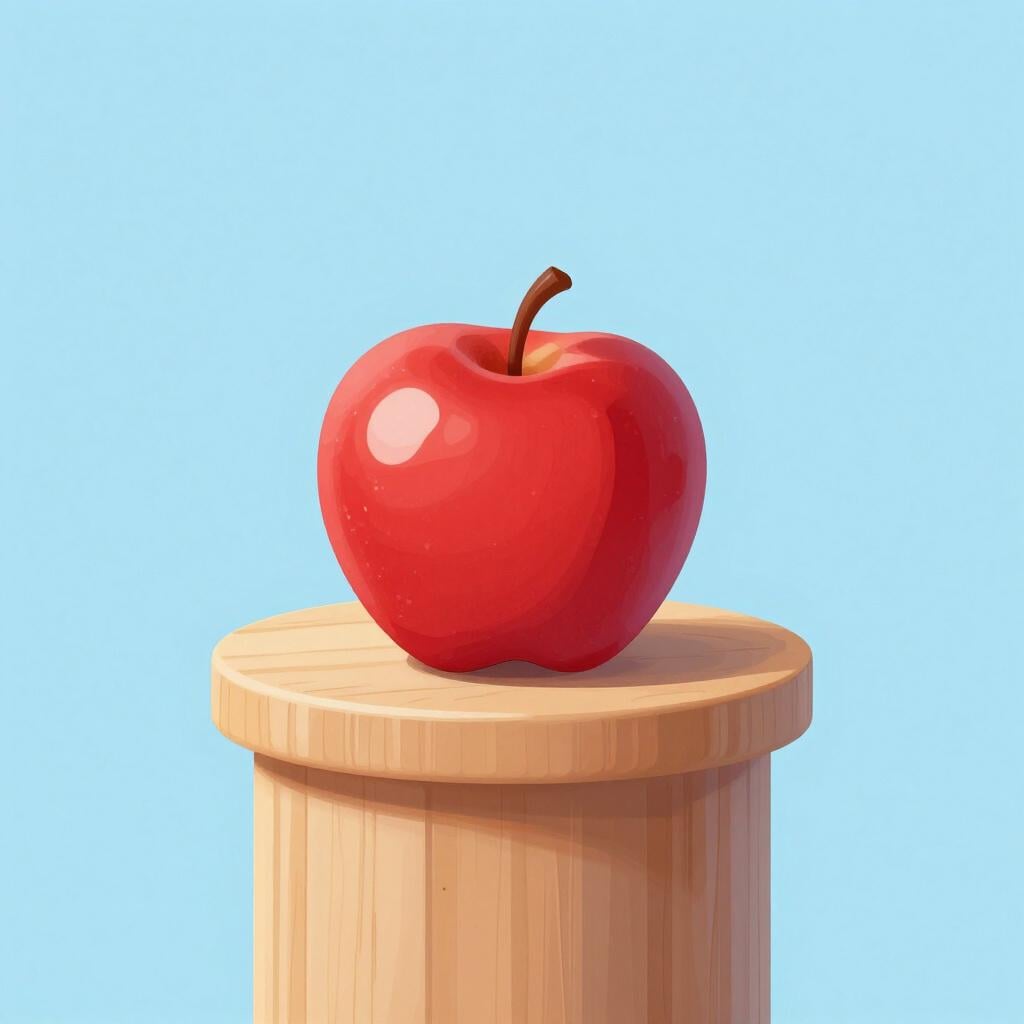 A perfect, shiny red apple sitting on a simple wooden pedestal as an ideal example.