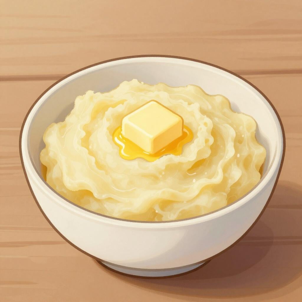 Uma tigela de purê de batatas liso e fofo com uma pequena porção de manteiga derretendo por cima.