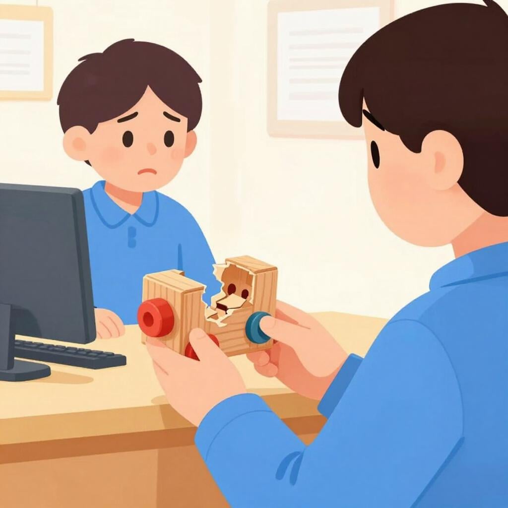 A sad customer holding a broken toy at a store counter.