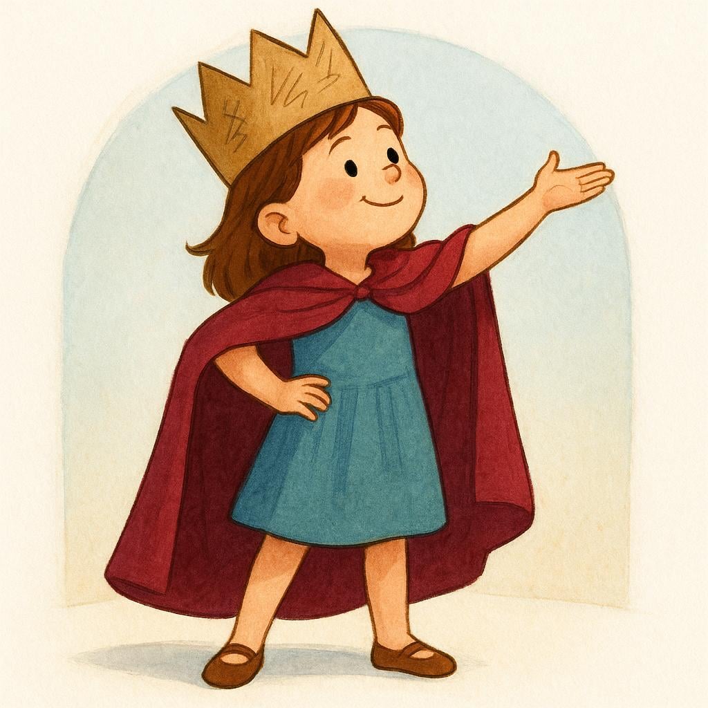 A young girl wearing a simple cardboard crown and a cloak, dramatically posing while pretending to be a queen.