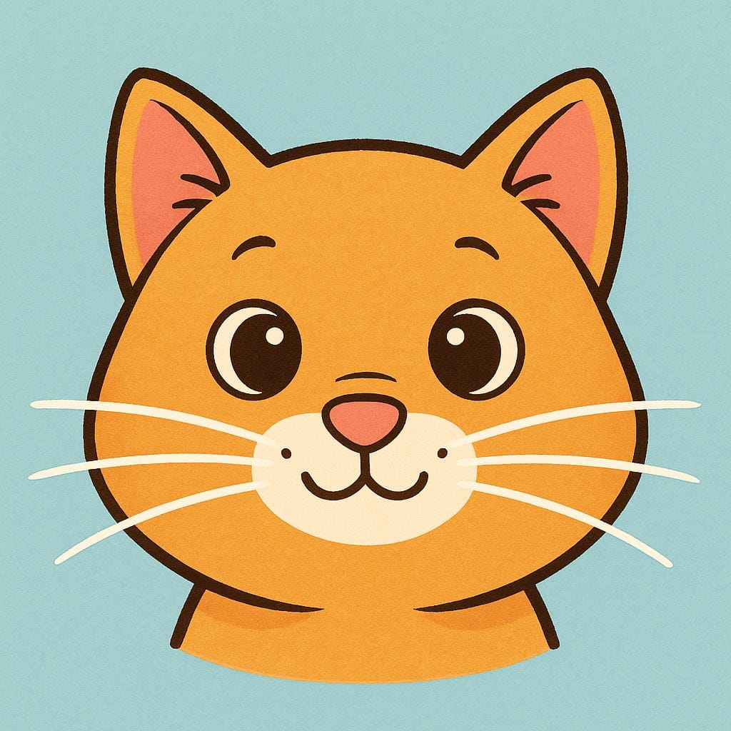 A storybook illustration of a cat's face with long, radiating white whiskers.