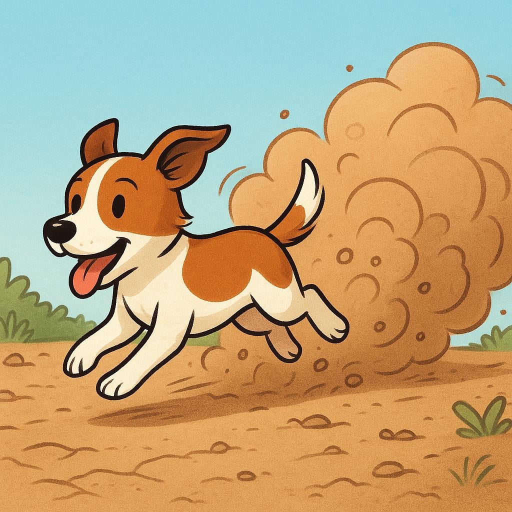 A small, brown dog running very fast along a dry dirt road, kicking up a large, swirling cloud of dust behind it.