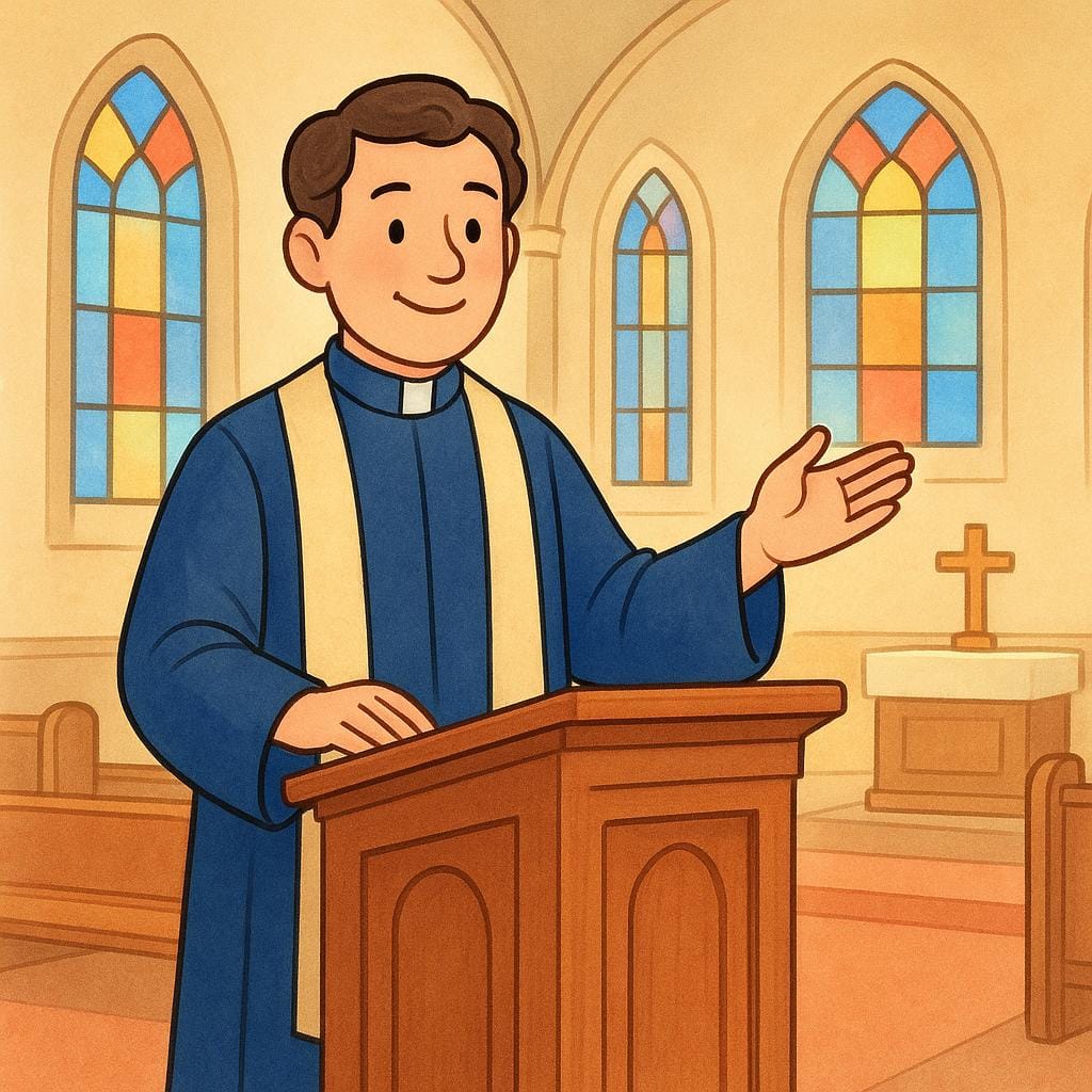 A person wearing formal clerical robes standing behind a simple wooden pulpit.