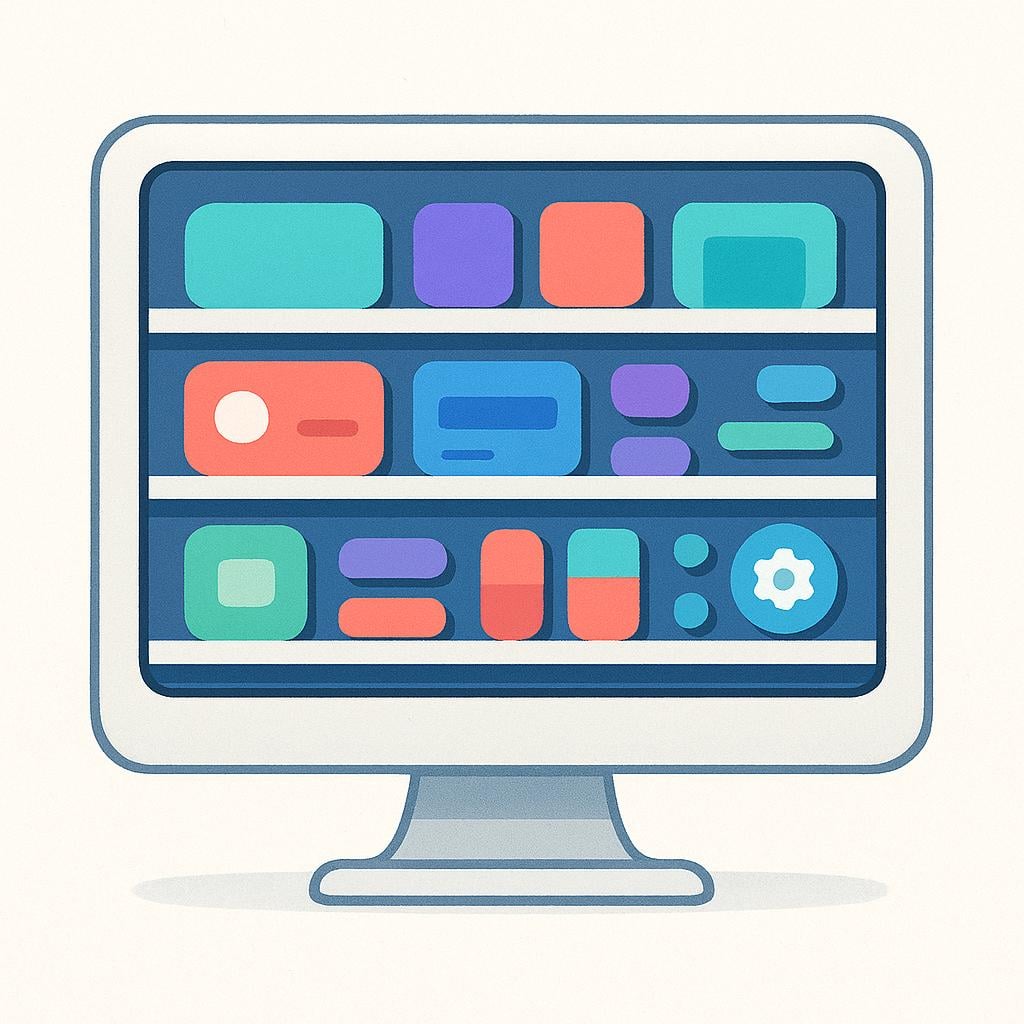An illustration showing colorful, glowing digital blocks and modules stacked neatly inside a stylized computer interface, representing a software library.