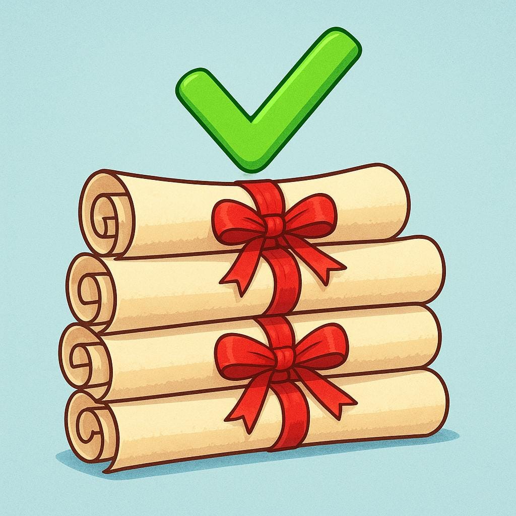 A stack of five official-looking blank parchment scrolls tied with red ribbons, with a large, bright green stylized checkmark floating above the stack, indicating approval.