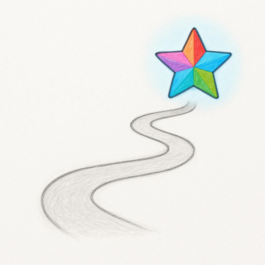 A simple, winding path drawn in pencil on paper, starting at one end and clearly leading towards a large, brightly colored star symbol at the other end, representing a goal.