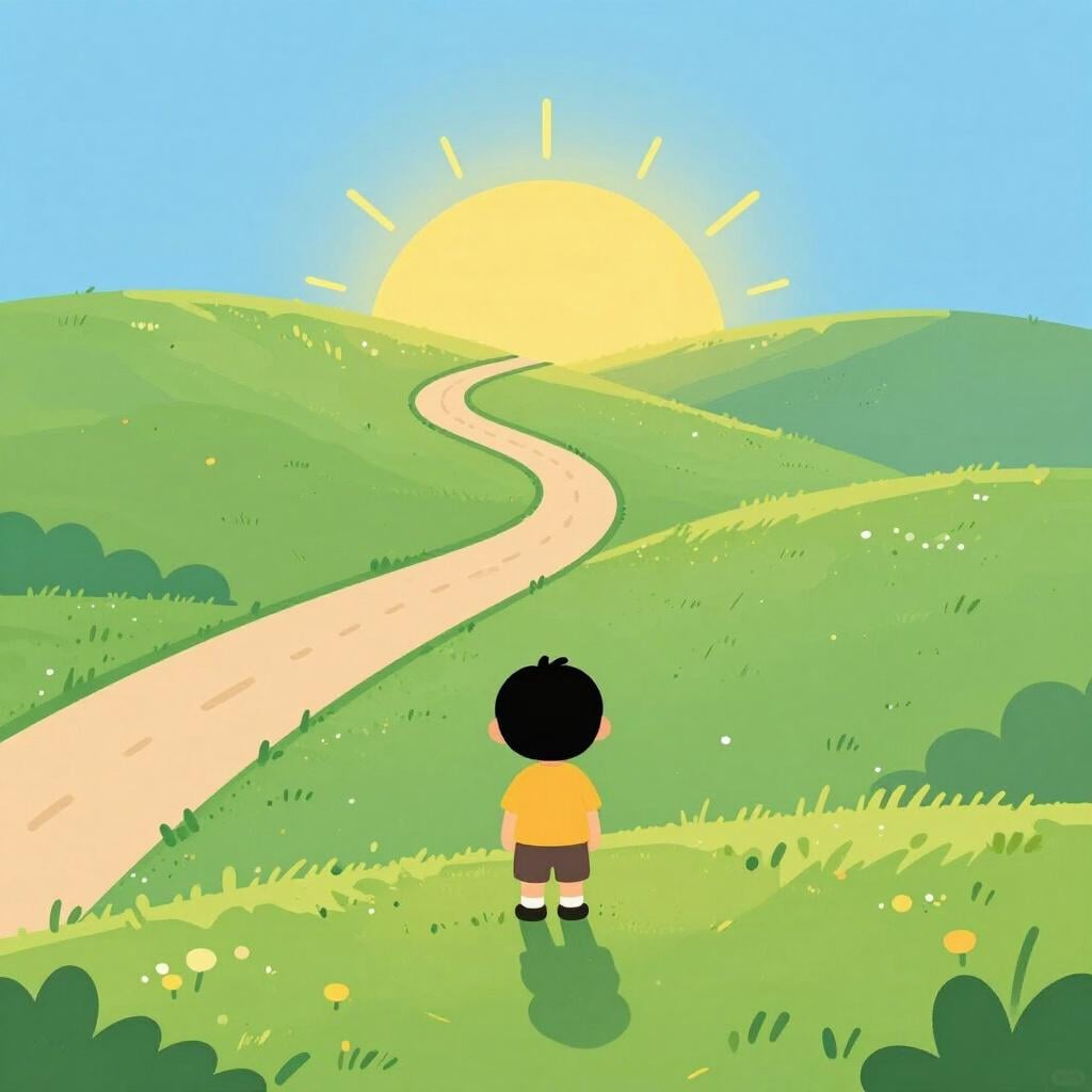 A child standing on a grassy hill looking at a winding path leading toward a bright sunrise on the horizon.